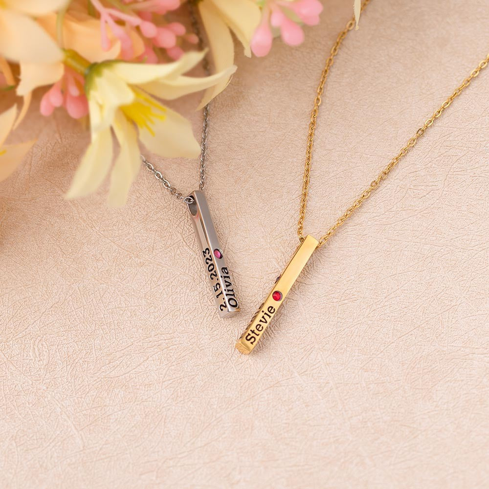 Personalized Engraved Birthstone Necklace with Name, Newborn Name&Date Memorial Necklace, 4-Sided Bar Necklace With Birthstone, Gift for New Mom