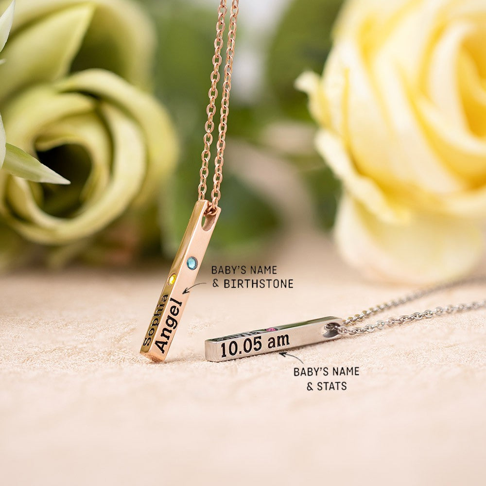 Personalized Engraved Birthstone Necklace with Name, Newborn Name&Date Memorial Necklace, 4-Sided Bar Necklace With Birthstone, Gift for New Mom