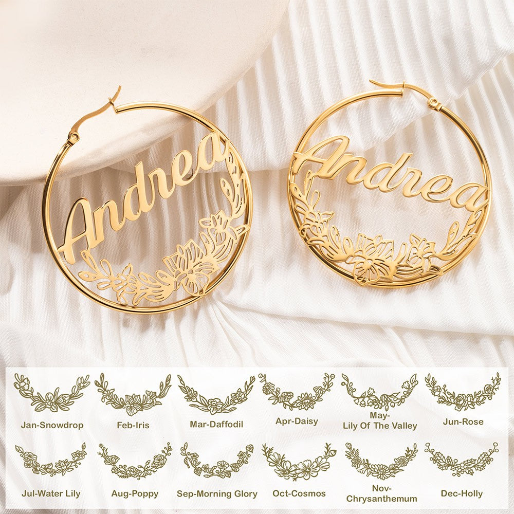 Custom Birthflower Earrings with Name, Personalized Name Hoop Earrings,Wreath Earrings, Mother's Gift, Gift for Women/Girls