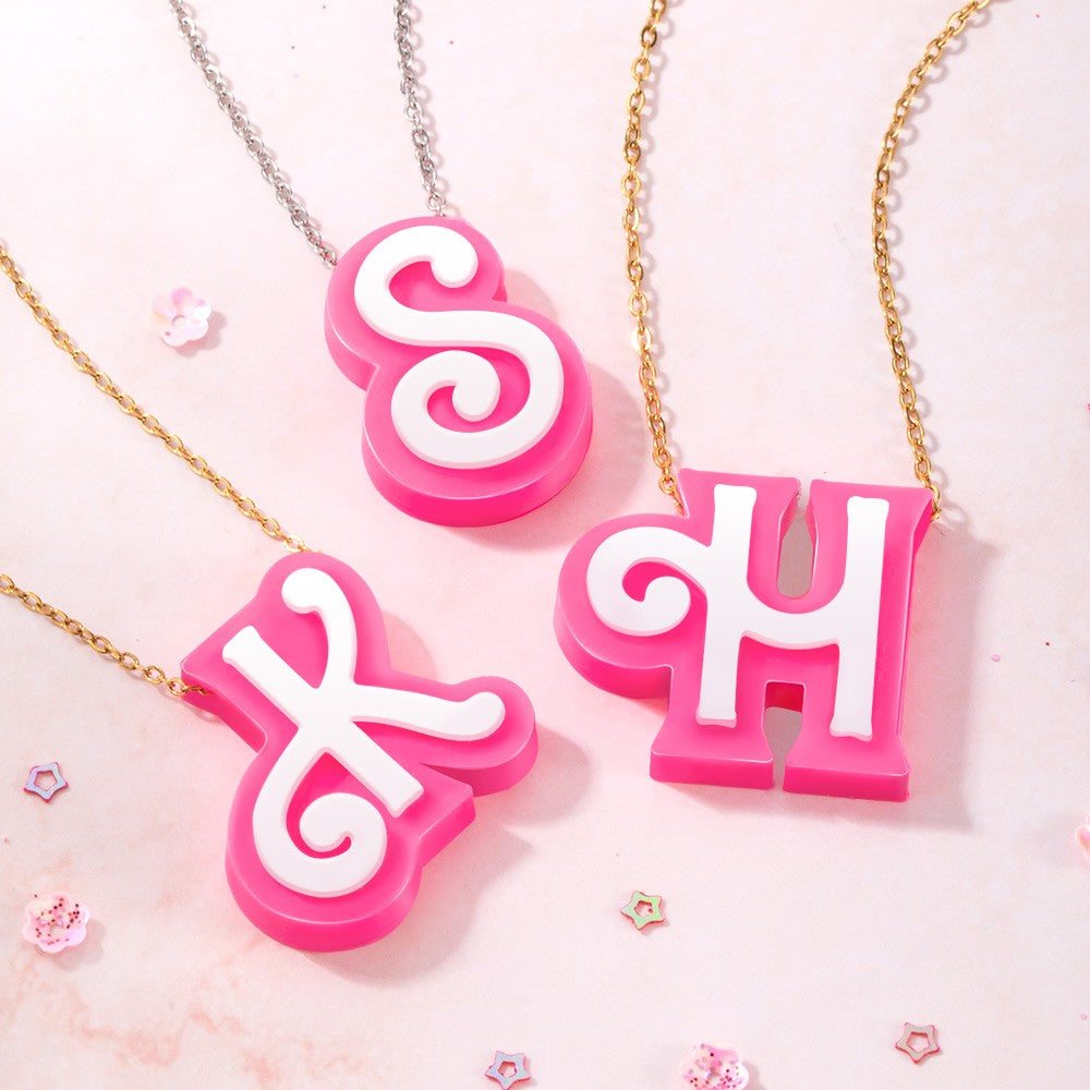 Personalized 3D Printed Initial Necklace, Stocking Filler Jewelry, Pink Doll Style Letter, Dopamine Necklace, Tiny Doll Accessory, Party Gift for Girl