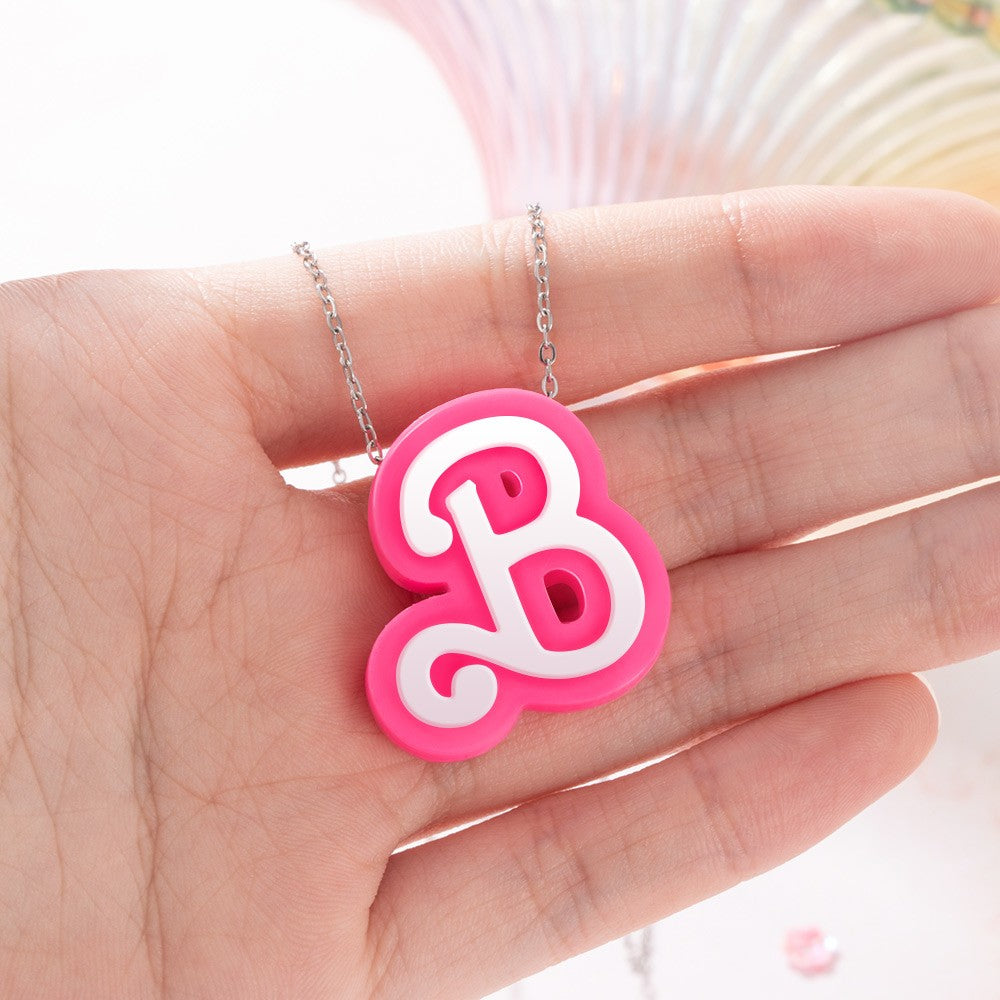 Personalized 3D Printed Initial Necklace, Stocking Filler Jewelry, Pink Doll Style Letter, Dopamine Necklace, Tiny Doll Accessory, Party Gift for Girl