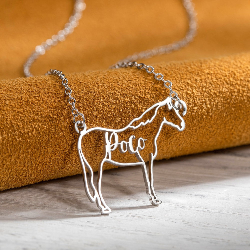 Brass/Personalized Name Horse Necklace, Animal Memorial Necklace, Sterling Silver Necklace, Horse Jewelry, Horse Riding/Christmas Gift, Gift for Horse Lover