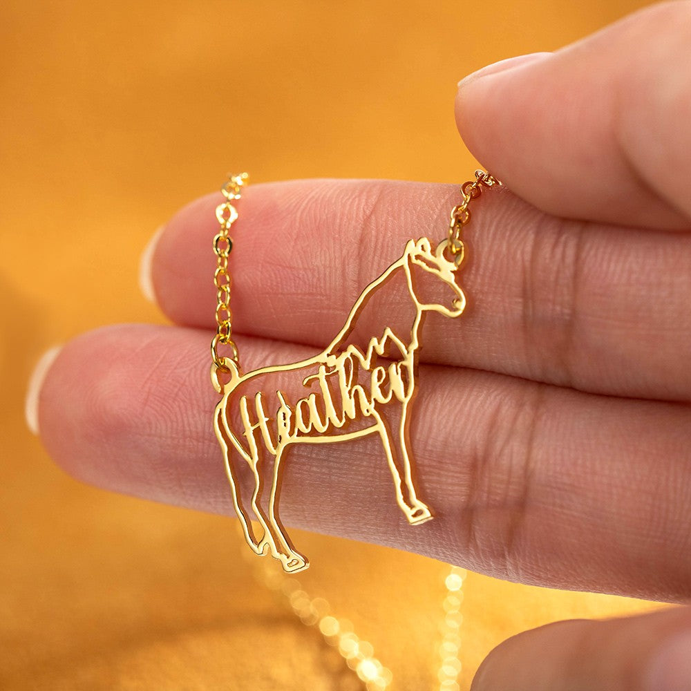 Brass/Personalized Name Horse Necklace, Animal Memorial Necklace, Sterling Silver Necklace, Horse Jewelry, Horse Riding/Christmas Gift, Gift for Horse Lover