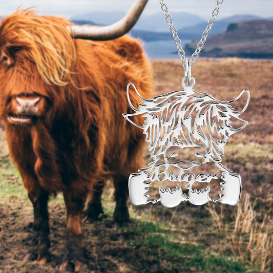 Custom Name Highland Cow Necklace, Highland Solid Cow Charm, Animal Necklace, Alphabet Necklace, Stainless Steel Necklace, Women Jewelry, Gift for Her