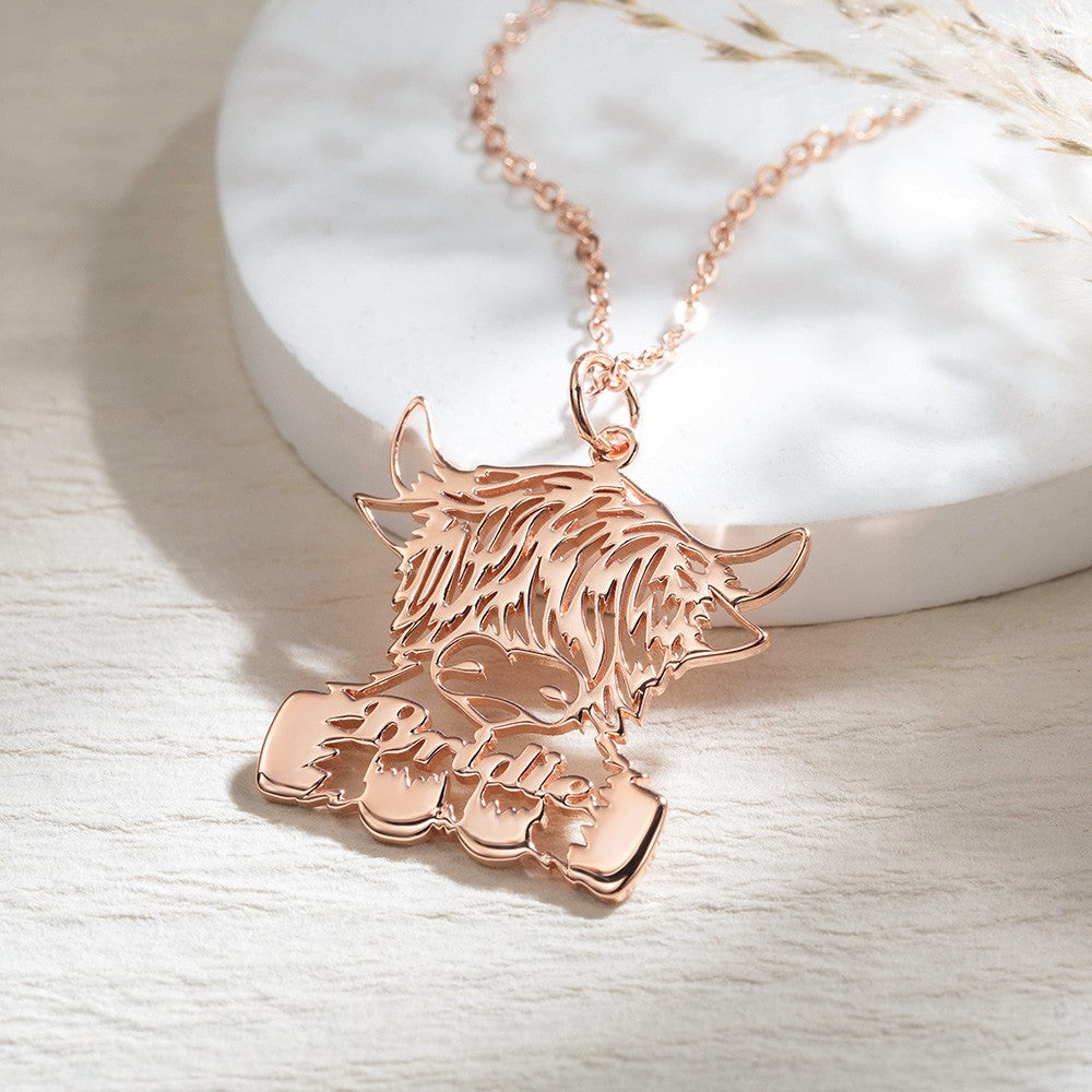 Custom Name Highland Cow Necklace, Highland Solid Cow Charm, Animal Necklace, Alphabet Necklace, Stainless Steel Necklace, Women Jewelry, Gift for Her