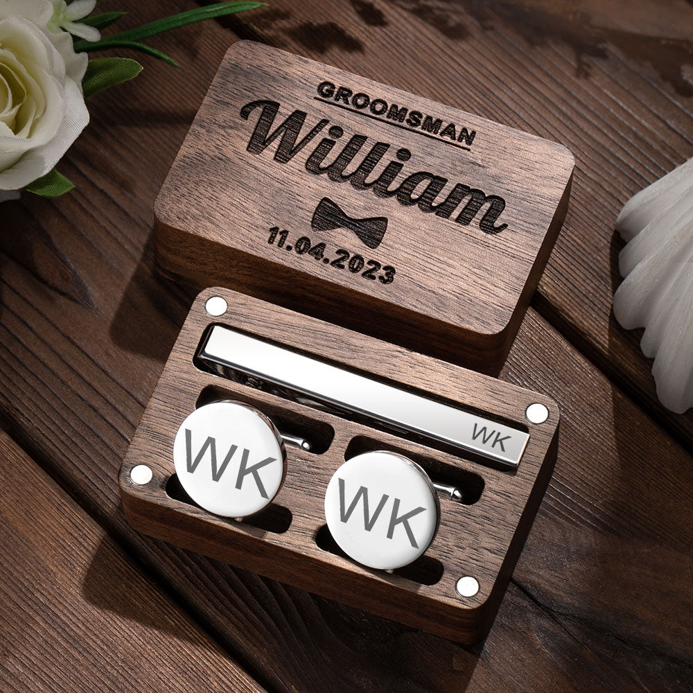 Cufflinks + Tie Clips + Wooden Box/Personalized Groomsmen Cufflinks, Engraved Cufflink with Box, Custom Tie Clip and Cufflink Set for Men, Father of the Bride Gifts