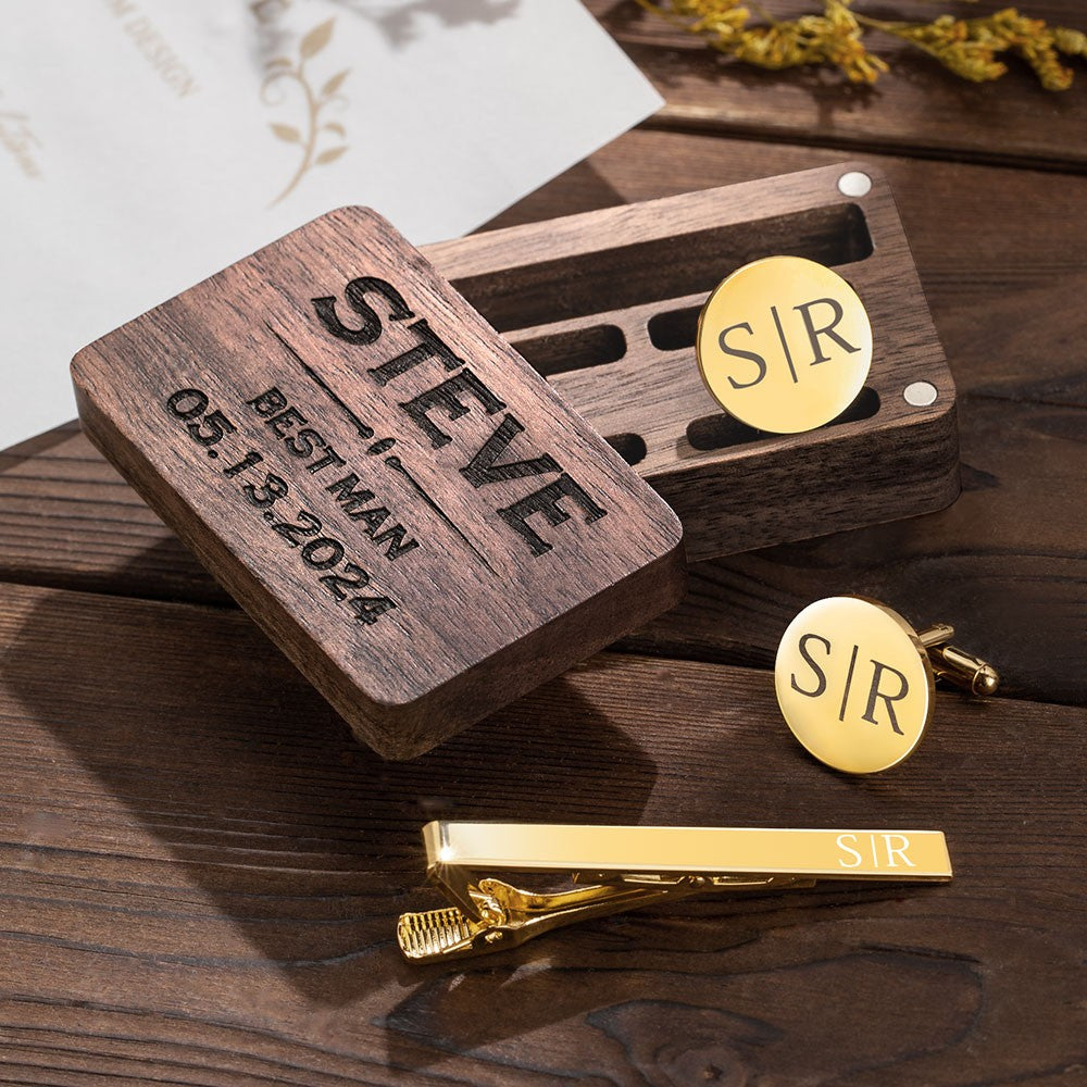 Cufflinks + Tie Clips + Wooden Box/Personalized Groomsmen Cufflinks, Engraved Cufflink with Box, Custom Tie Clip and Cufflink Set for Men, Father of the Bride Gifts