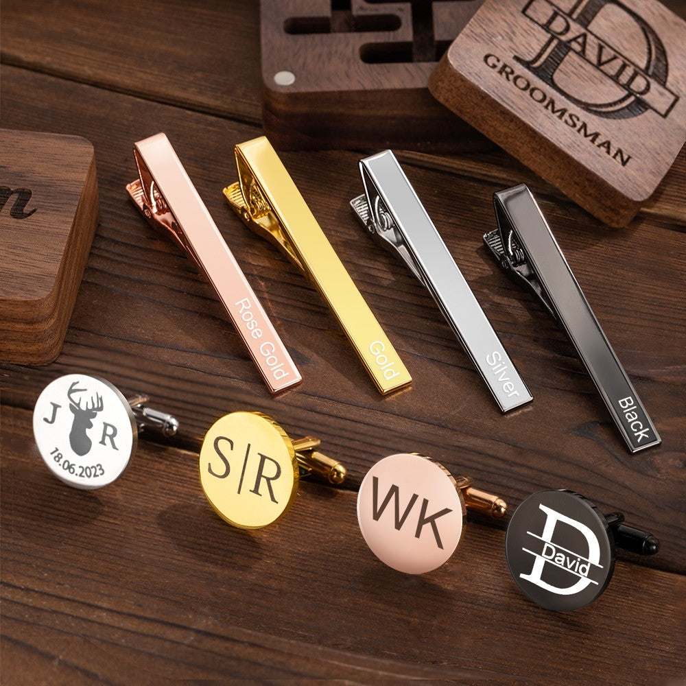 Cufflinks + Tie Clips + Wooden Box/Personalized Groomsmen Cufflinks, Engraved Cufflink with Box, Custom Tie Clip and Cufflink Set for Men, Father of the Bride Gifts