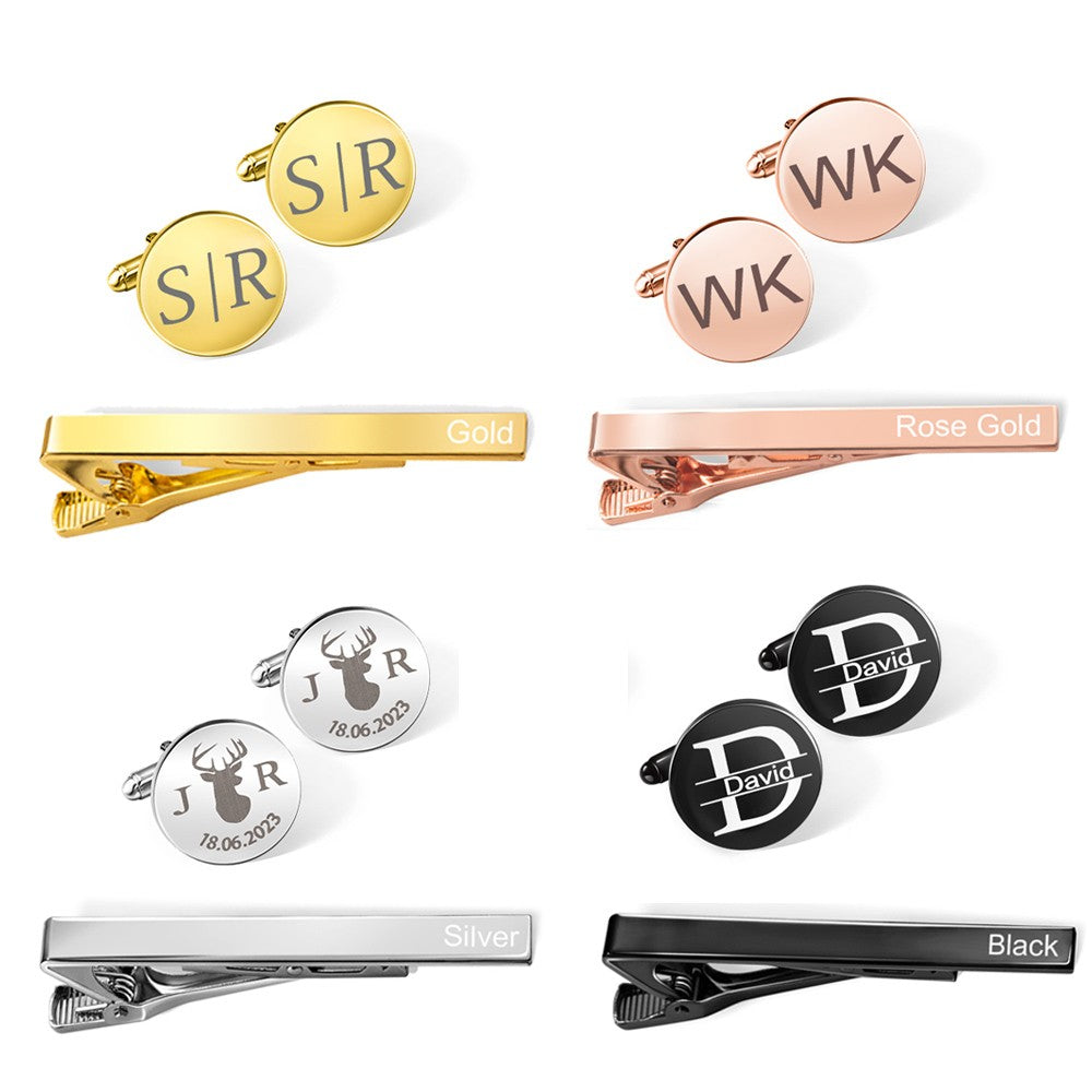 Cufflinks + Tie Clips/Personalized Groomsmen Cufflinks, Custom Tie Clip and Cufflink Set for Men, Father of the Bride Gifts