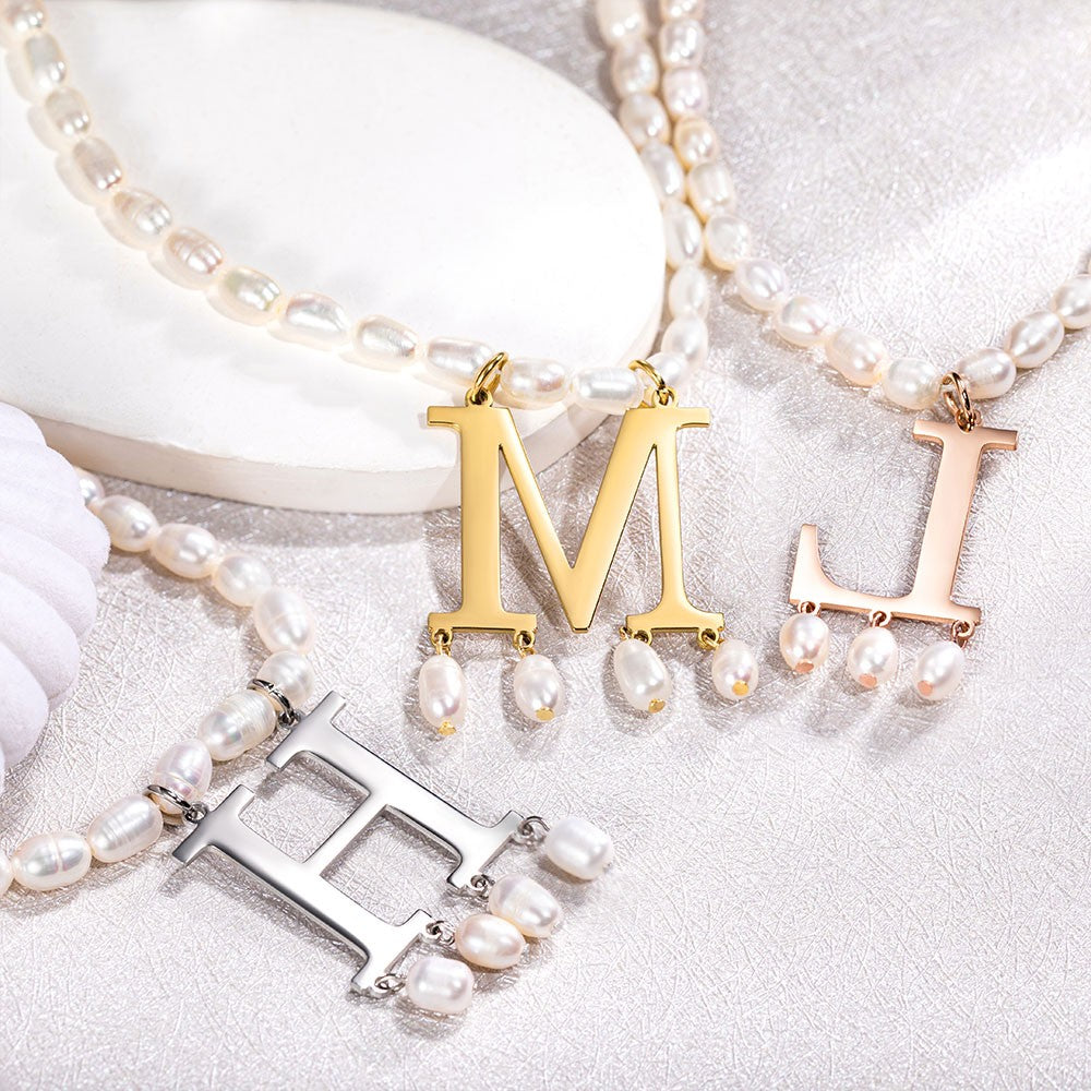 Custom Gold Initial Pendant Pearl Necklace, Pearl Choker Necklace, Anne Boleyn Necklace, Bridesmaid Jewelry Gift, Graduation/Mother's Day Gifts