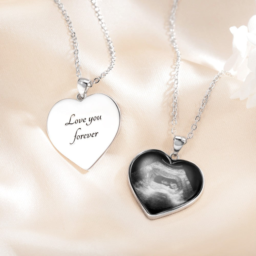 Sterling Silver 925 Necklace, Custom Heart Shaped Baby's Sonogram Ultrasound Necklace with Engraved text, Birthday/New Pregnancy/Newborn Memorial Gift/Women