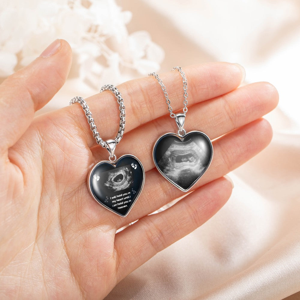 Sterling Silver 925 Necklace, Custom Heart Shaped Baby's Sonogram Ultrasound Necklace with Engraved text, Birthday/New Pregnancy/Newborn Memorial Gift/Women