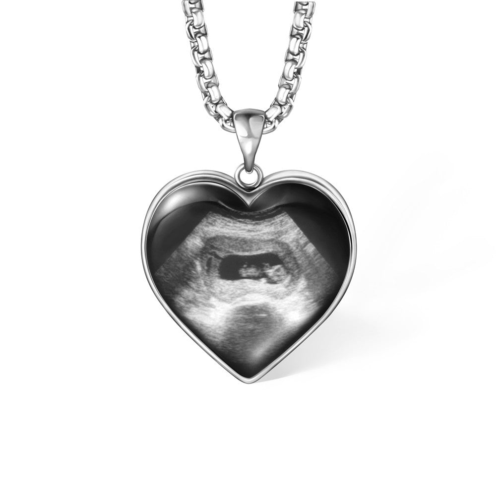 Sterling Silver 925 Necklace, Custom Heart Shaped Baby's Sonogram Ultrasound Necklace with Engraved text, Birthday/New Pregnancy/Newborn Memorial Gift/Women