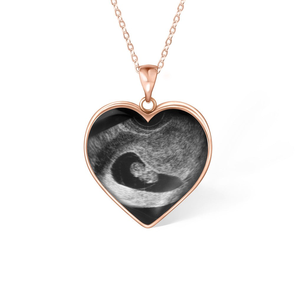 Sterling Silver 925 Necklace, Custom Heart Shaped Baby's Sonogram Ultrasound Necklace with Engraved text, Birthday/New Pregnancy/Newborn Memorial Gift/Women