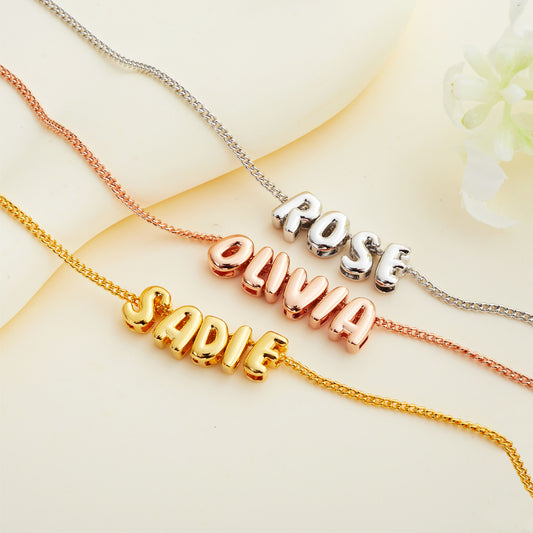 Brass Necklace, Personalized Bubble 3D Letter Name Necklace, Chunky Balloon Initial Necklace for Woman/Girl, Silver/Rose Gold/Gold Letter Pendant Necklace