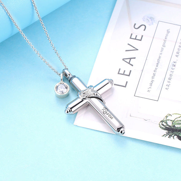 Engraved Cross Keepsake Urn Necklace in Silver