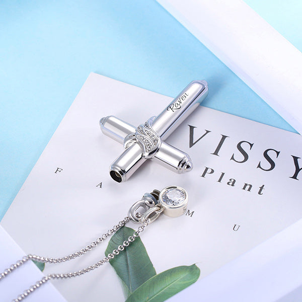 Engraved Cross Keepsake Urn Necklace in Silver