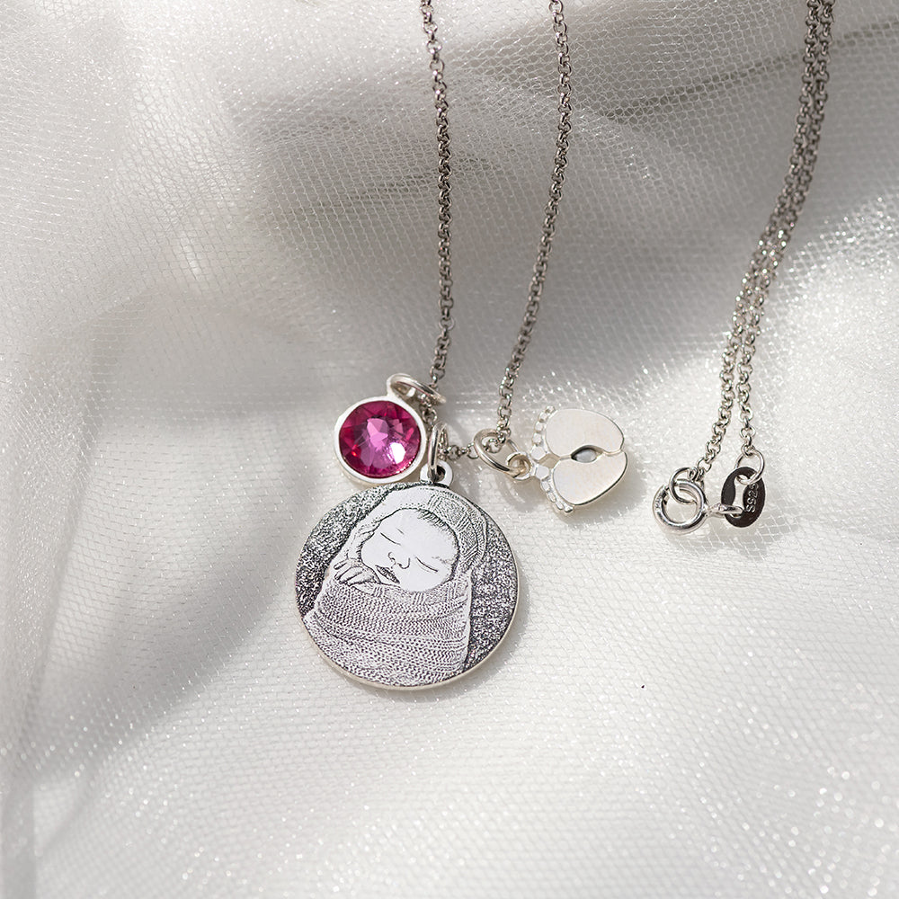 Birthstone Photo-Engraved Necklace with Baby Feet Sterling Silver