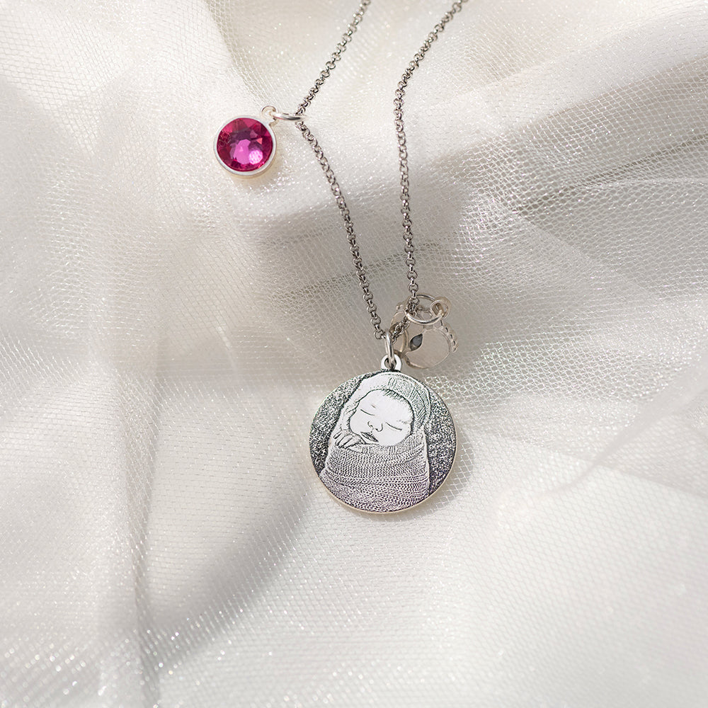 Birthstone Photo-Engraved Necklace with Baby Feet Sterling Silver