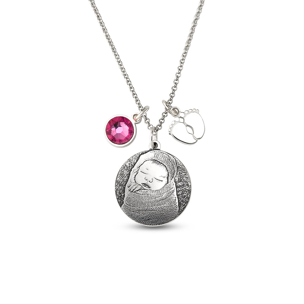 Birthstone Photo-Engraved Necklace with Baby Feet Sterling Silver