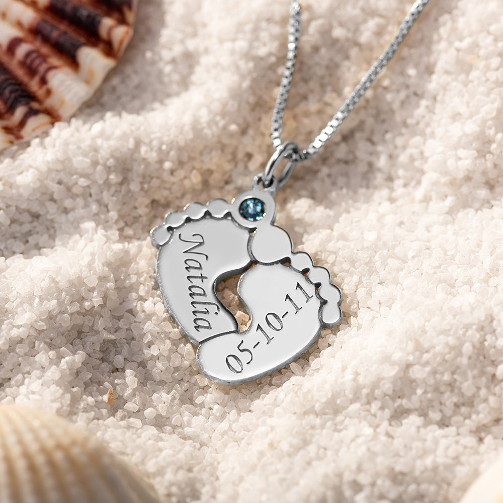 Silver Engraved Baby Feet Necklace with Personalized Birthstone