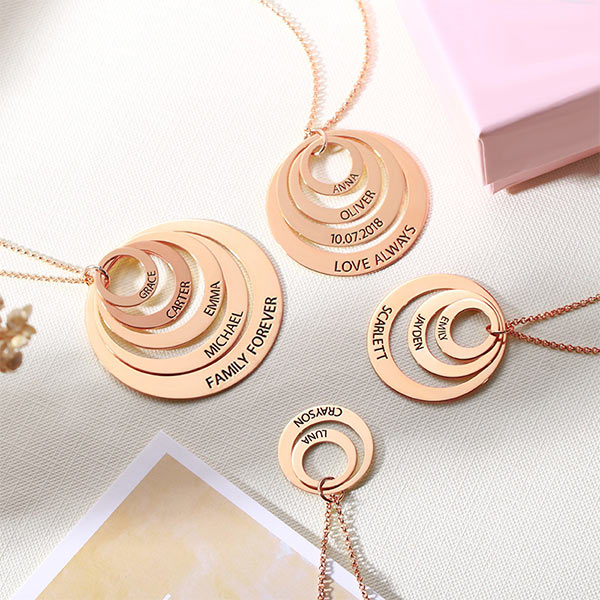 Engraved Family Stacked Circle Necklace Sterling Silver