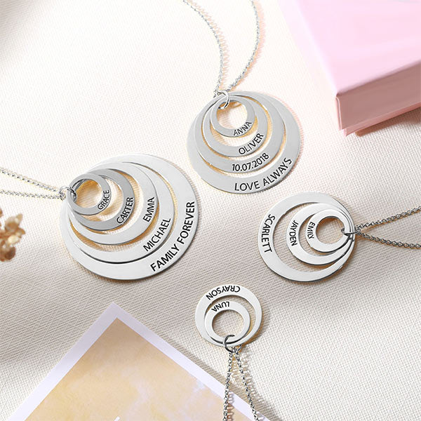 Engraved Family Stacked Circle Necklace Sterling Silver