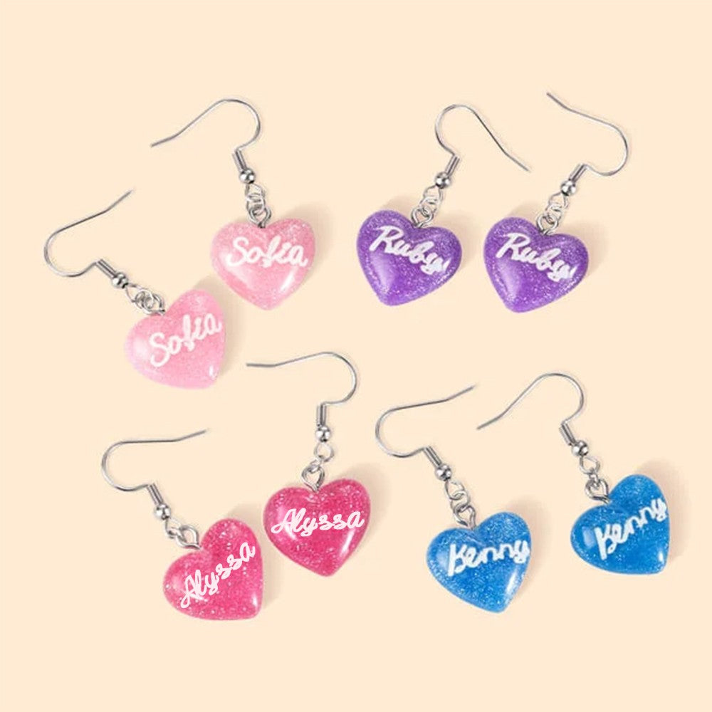 Personalized Name Pink Doll Earrings, Custom Glitter Heart Charm Earrings, Friendship Gifts, Birthday Gifts for Best Friends/Sister/Her