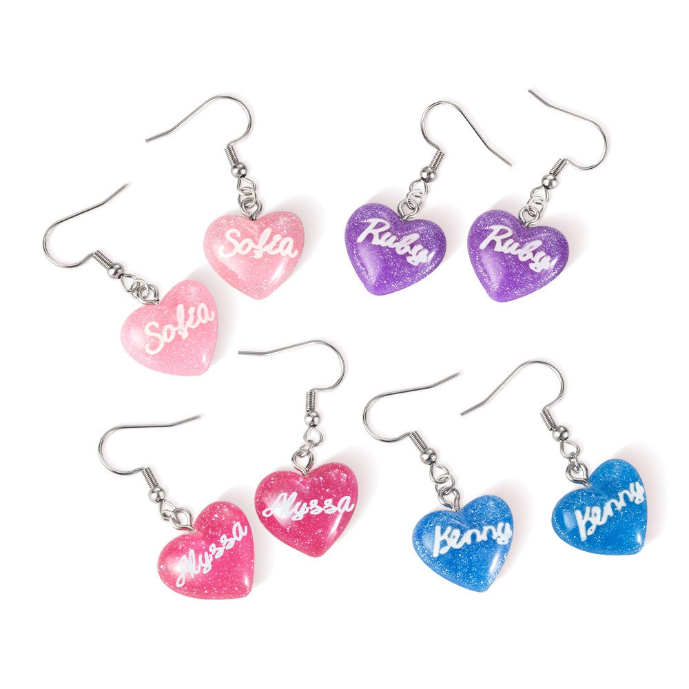 Personalized Name Pink Doll Earrings, Custom Glitter Heart Charm Earrings, Friendship Gifts, Birthday Gifts for Best Friends/Sister/Her