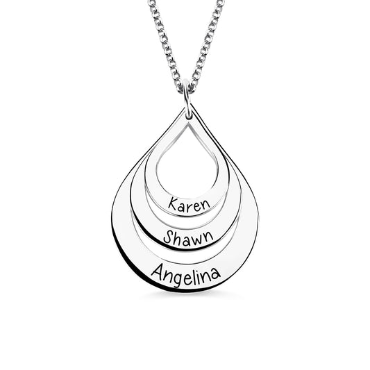 Engraved Drop Shaped 3 Names Necklace Sterling Silver