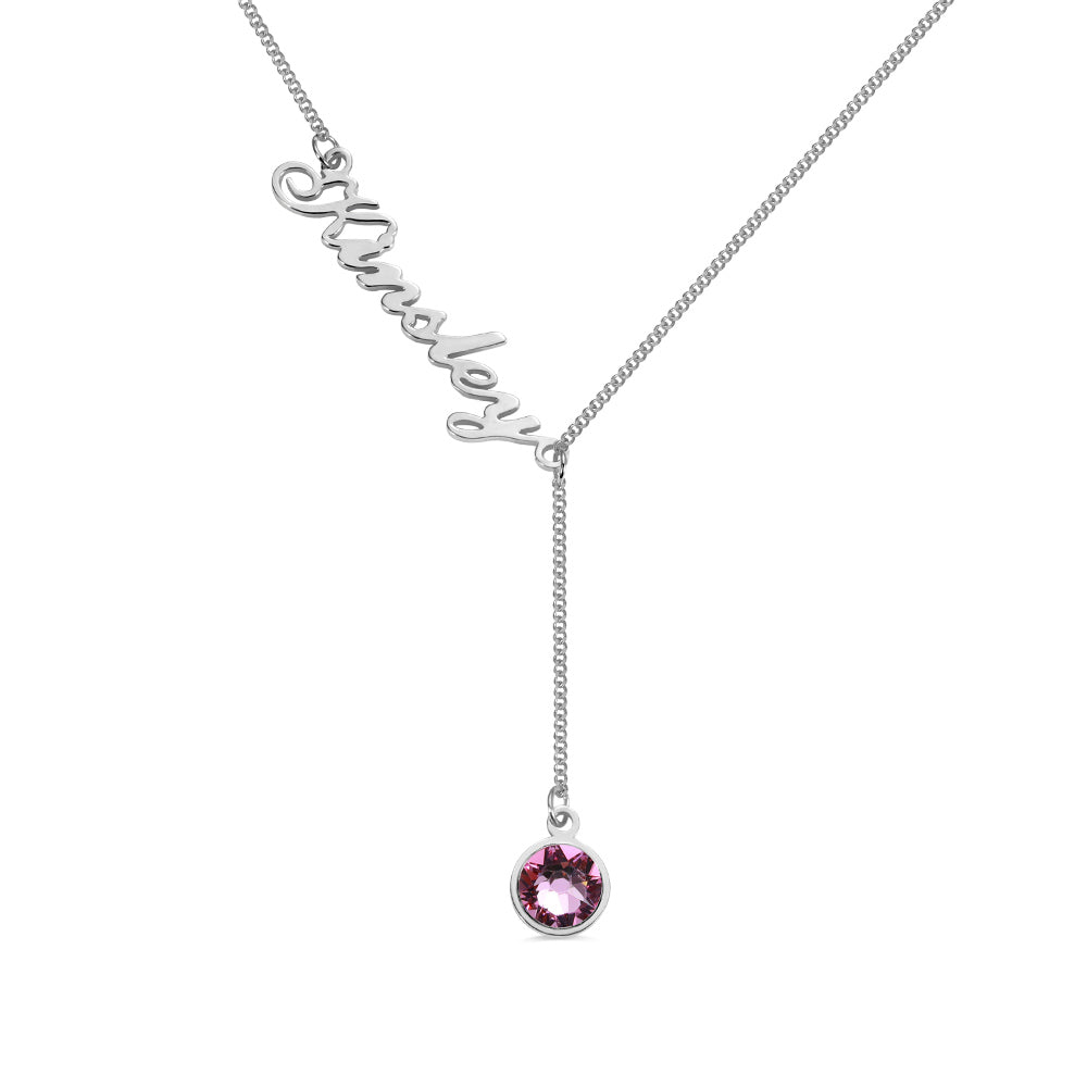 Personalized Simple Name & Birthstone Y Necklace Stainless Steel