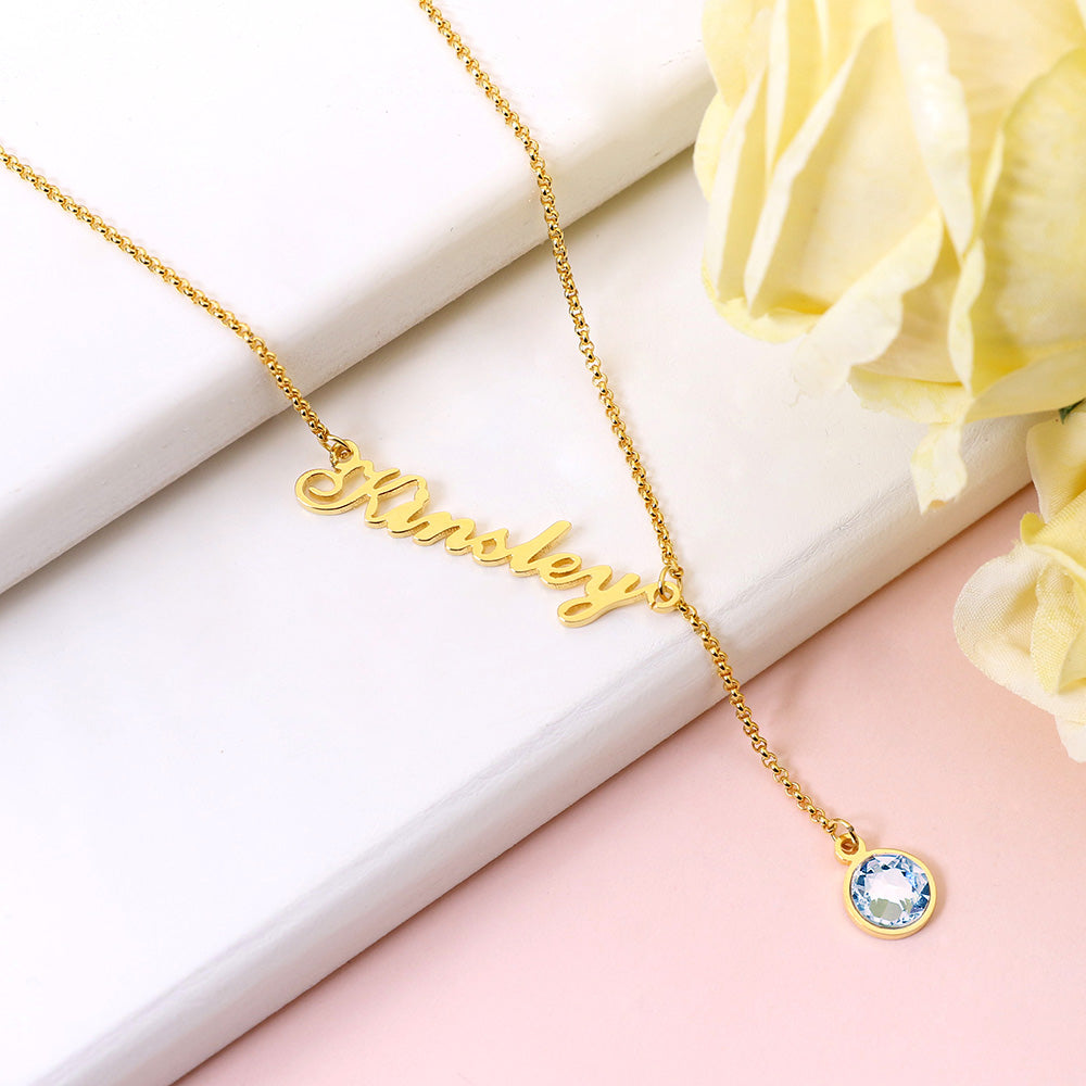 Personalized Simple Name & Birthstone Y Necklace Stainless Steel