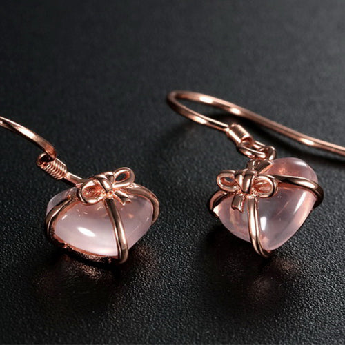 Sparkling Pink Heart-Shaped Gemstone Bowknot Earrings