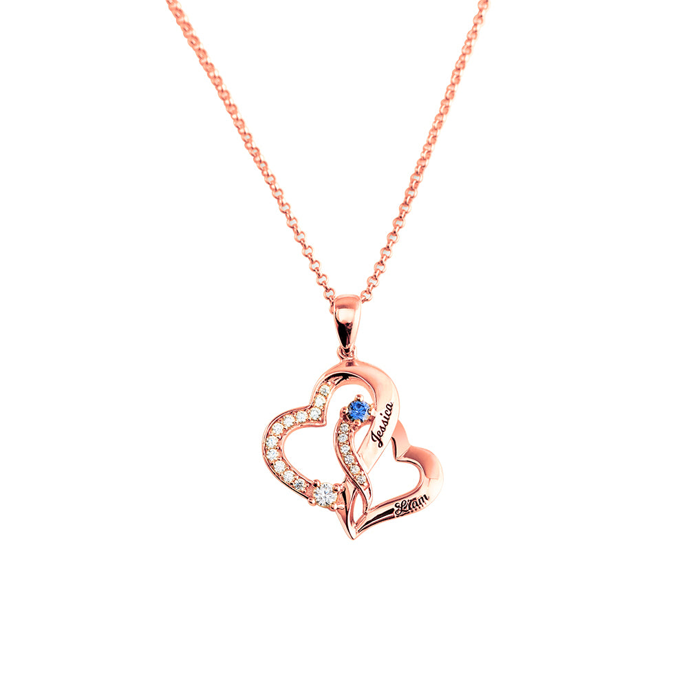 Personalized Double Heart Necklace with 2 Names & Birthstones Sterling