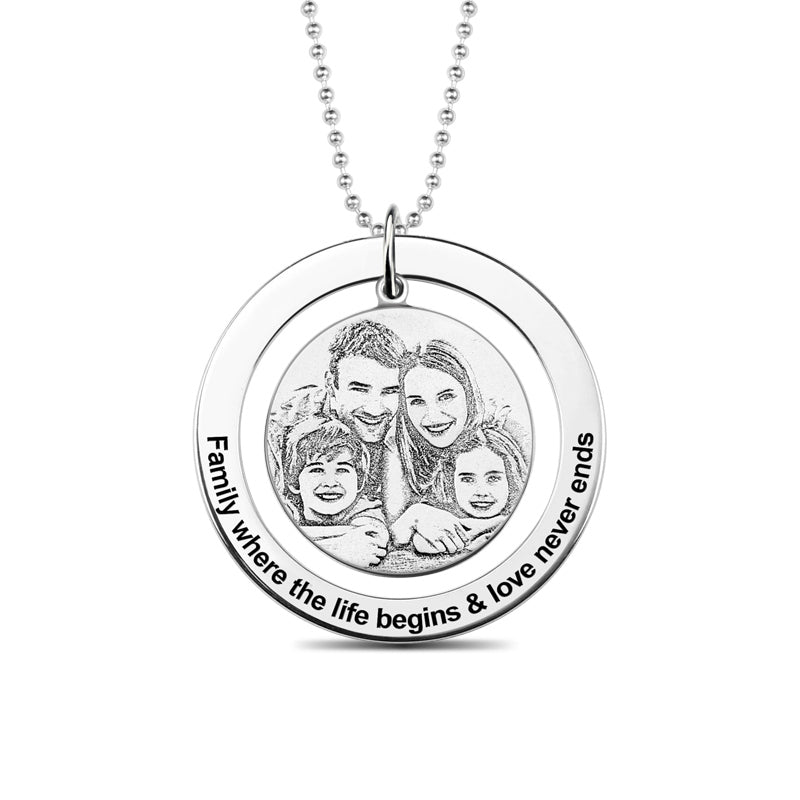 Circular Ring Pendant Engraved Circle Family Photo Necklace