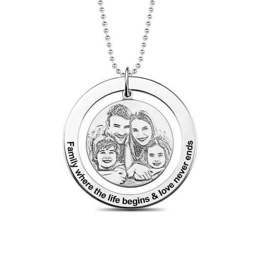 Circular Ring Pendant Engraved Circle Family Photo Necklace