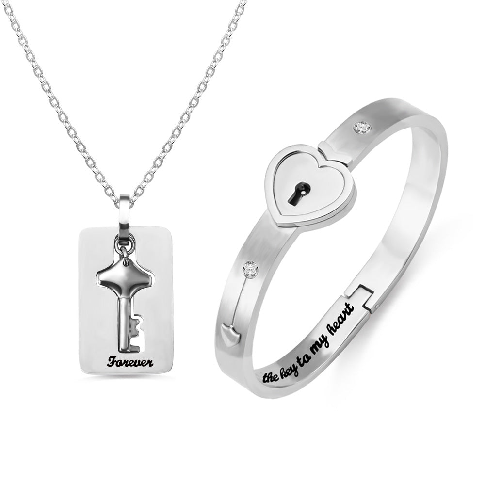 Personalized Couple's Bracelet and Key Necklace Set