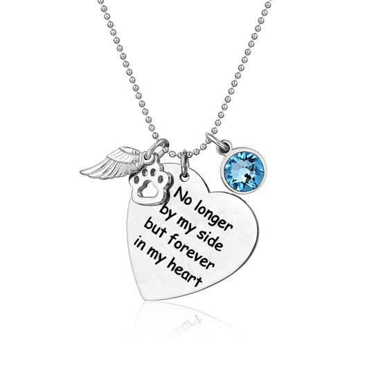 Custom Pet Memorial Heart Birthstone Necklace With Wing And Paw Print