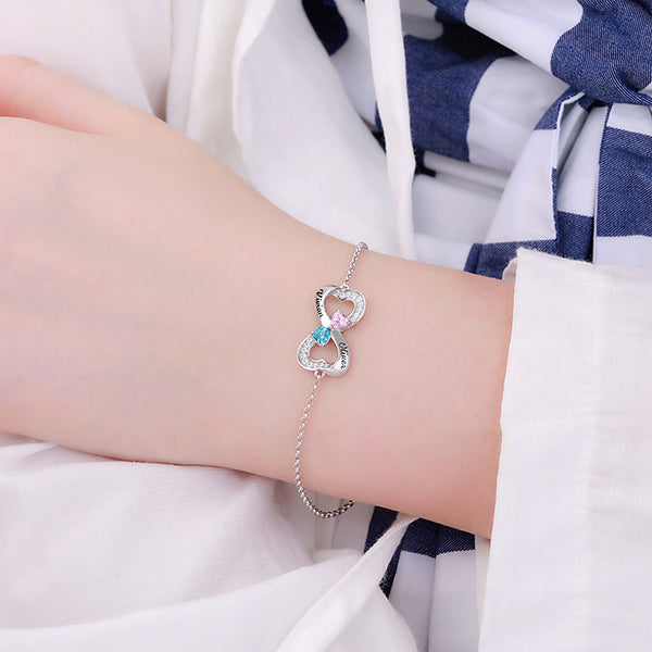 Personalized Double Heart Bracelet with Birthstones in Silver