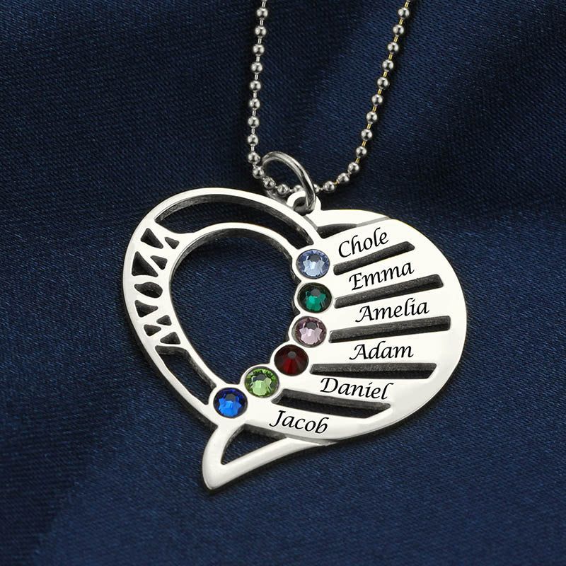 Engraved Heart Mother Birthstones Necklace Sterling Silver