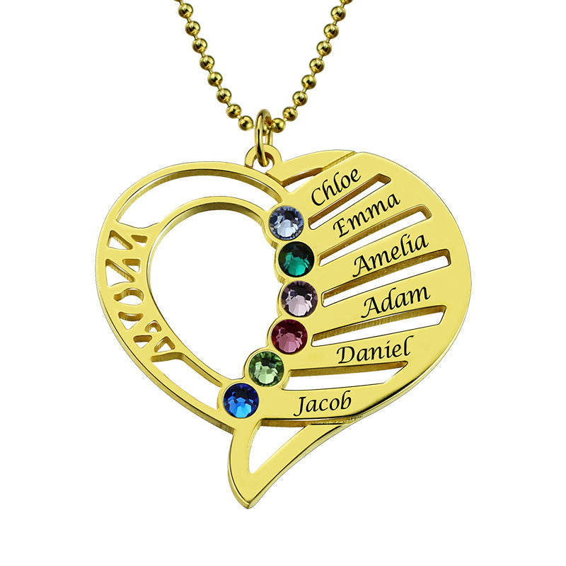 Engraved Heart Mother Birthstones Necklace Sterling Silver