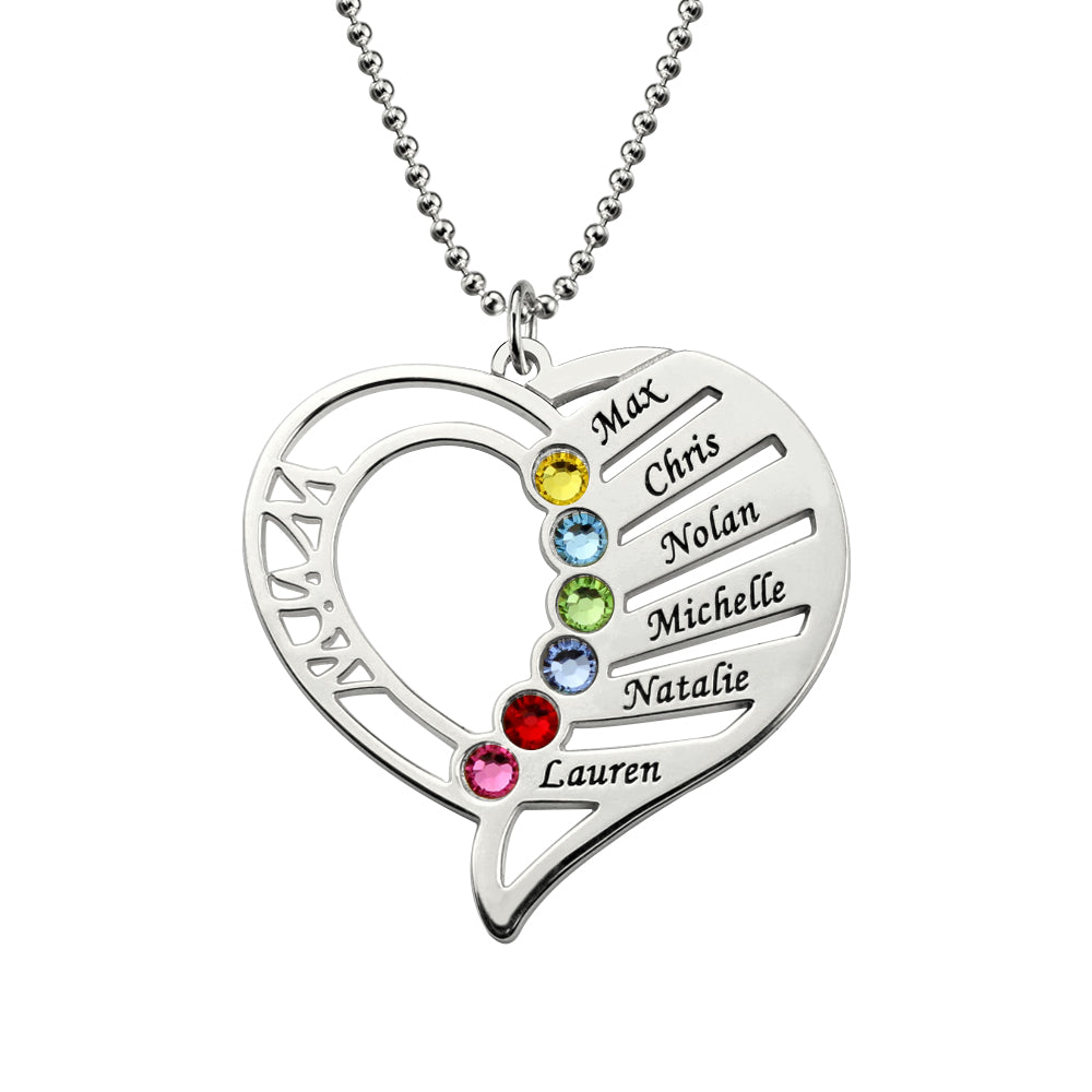 Engraved Heart Mother Birthstones Necklace Sterling Silver