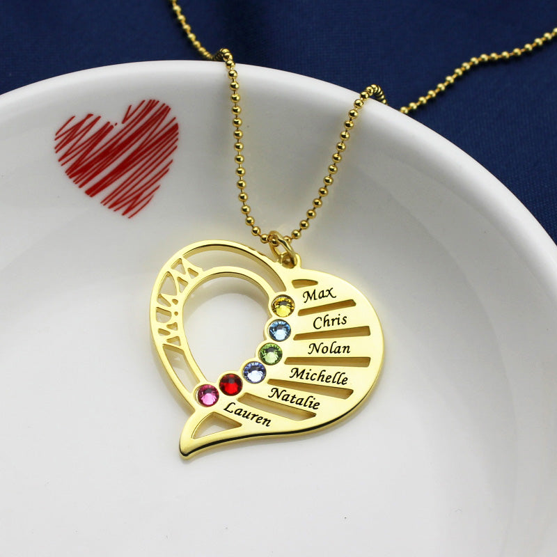 Engraved Heart Mother Birthstones Necklace Sterling Silver