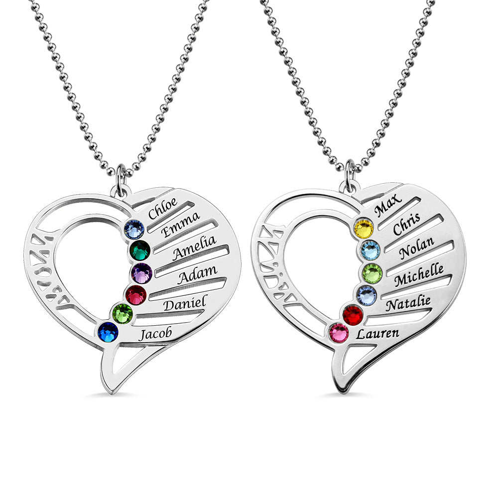 Engraved Heart Mother Birthstones Necklace Sterling Silver