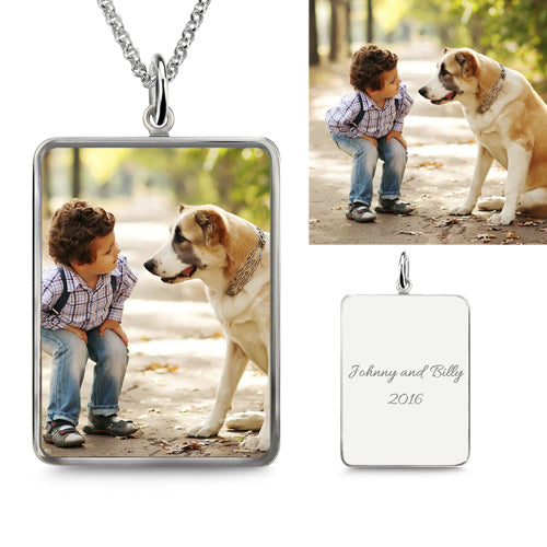 Rectangle Engraved Epoxy Kid & Dog Photography Necklace