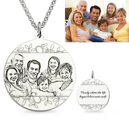 Personalized Family Photo Engraved Necklace Sterling Silver