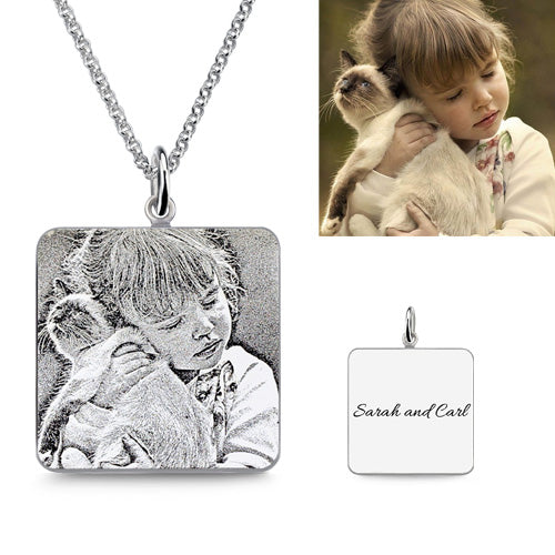 Square Engraved Photo Necklace In Sterling Silver