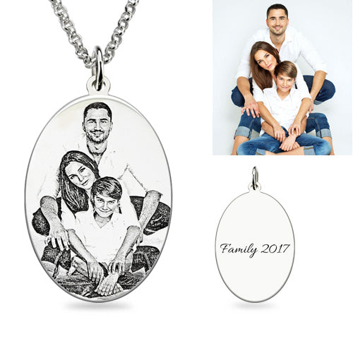 Custom Oval Engraved Family Photo Necklace Sterling Silver