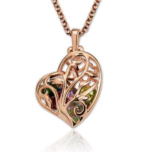 Heart Cage Family Tree Necklace With Birthstones In Rose Gold