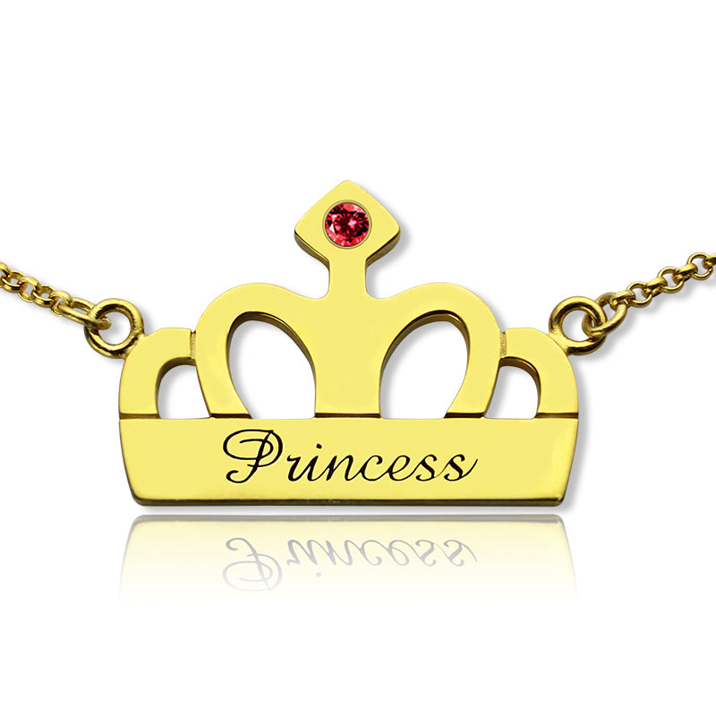 Princess Crown Charm Necklace with Birthstone & Name 18k Gold